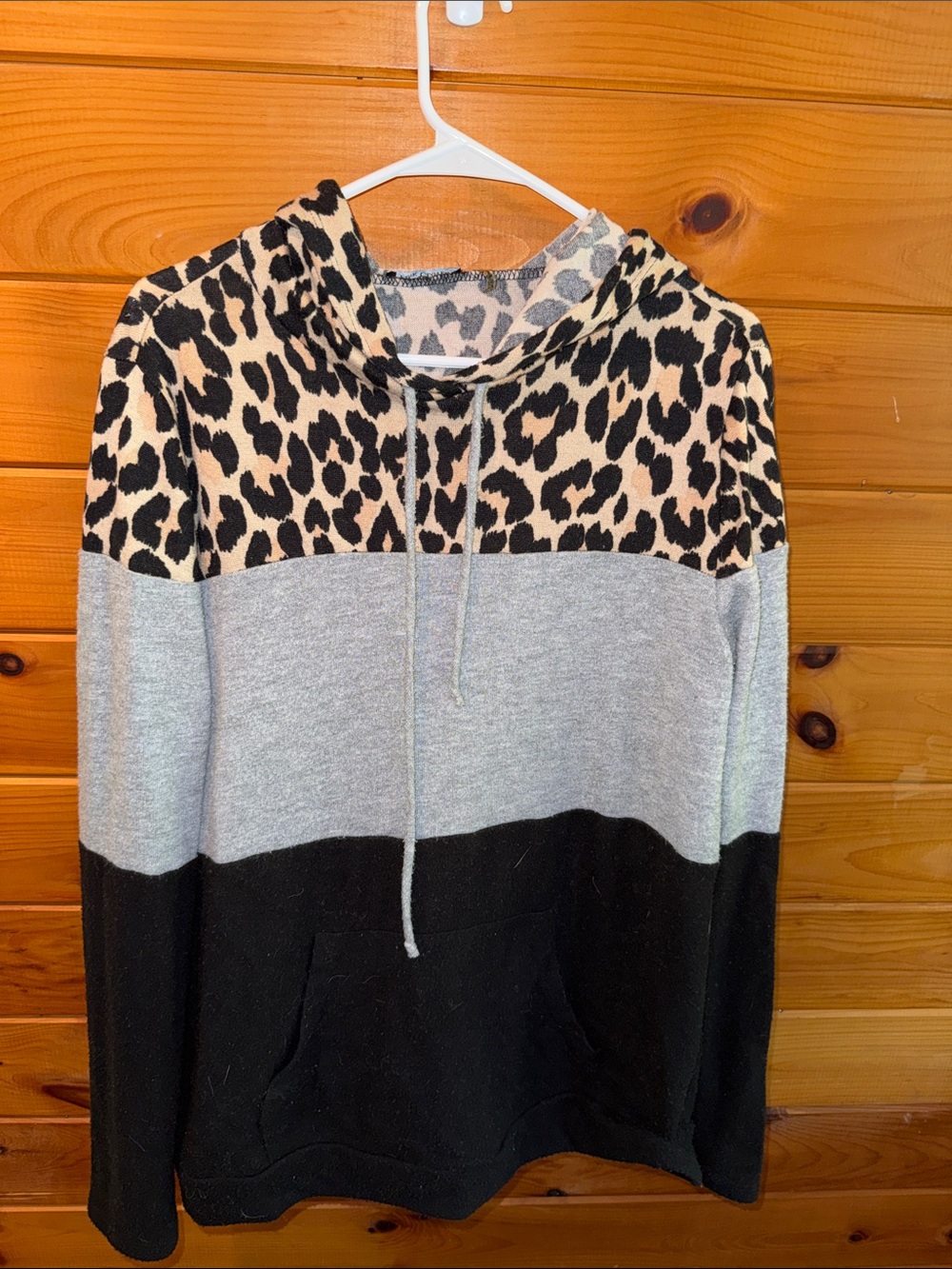 Leopard Colorblock Hoodie Pullover - Black/Gray/Cream